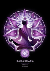 Fototapeta premium Crown chakra meditation in yoga lotus pose, in front of Sahasrara chakra symbol. Peaceful decor for meditation and chakra energy healing.