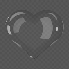 Transparent glass heart 3d heart. Realistic transparent figure in the shape of a heart on an isolated background. Glass effect. Vector illustration.