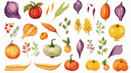 Watercolor Fall Vegetables Flat vector isolated on white