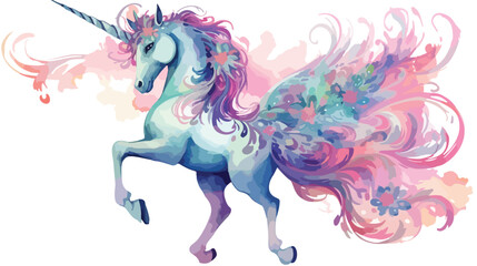 Watercolor fantasy unicorn clip art. Flat vector 