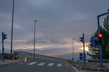 traffic on the road, sunset background 