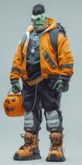 Halloween character, scary man with a pumpkin.  in modern clothes.  Anthropomorphic concept, 3d, background image for mobile phone, ios Android, banner for instagram stories vertical wallpaper
