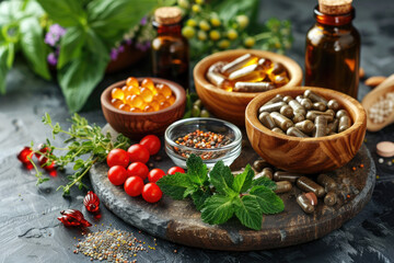 A wooden tray with a variety of herbs and supplements - 766477657