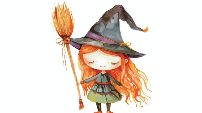 Watercolor image of a cute redhead little witch 