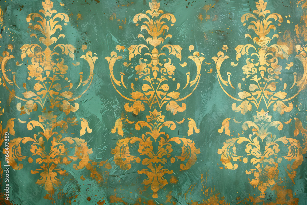 Poster vintage gold floral pattern on a verdigris canvas. background image. created with generative ai tech