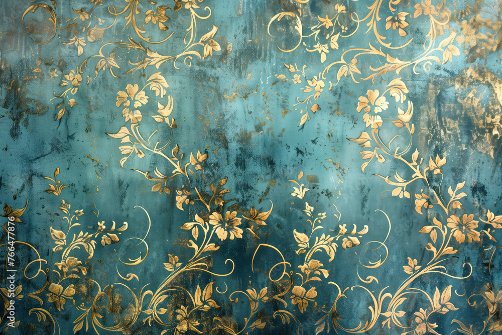 Poster vintage gold floral pattern on a verdigris canvas. background image. created with generative ai tech