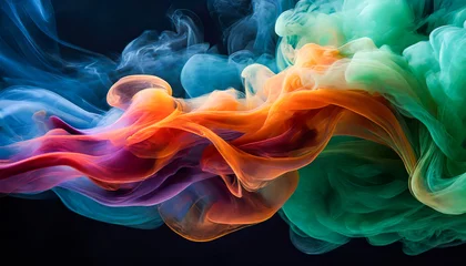 Foto auf Glas Dynamic dance of colorful smoke, intertwining in a graceful ballet. Vibrant mix of blue, green, red, and orange hues. © LADALIDI