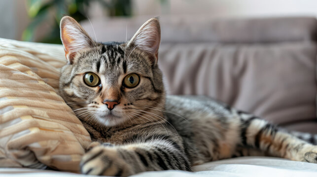 Inquisitive Tabby Cat Resting on Soft Pillows, Captivating Feline Gaze