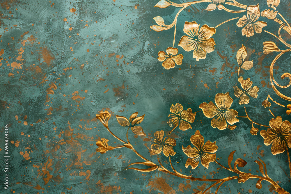 Aufkleber vintage gold floral pattern on a verdigris canvas. background image. created with generative ai tech