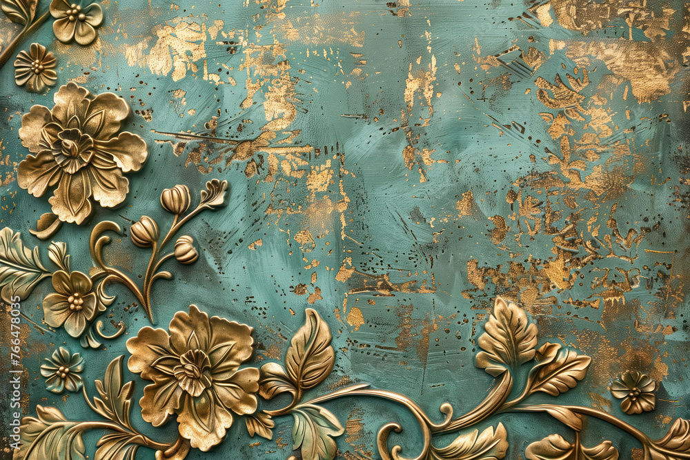 Aufkleber vintage gold floral pattern on a verdigris canvas. background image. created with generative ai tech