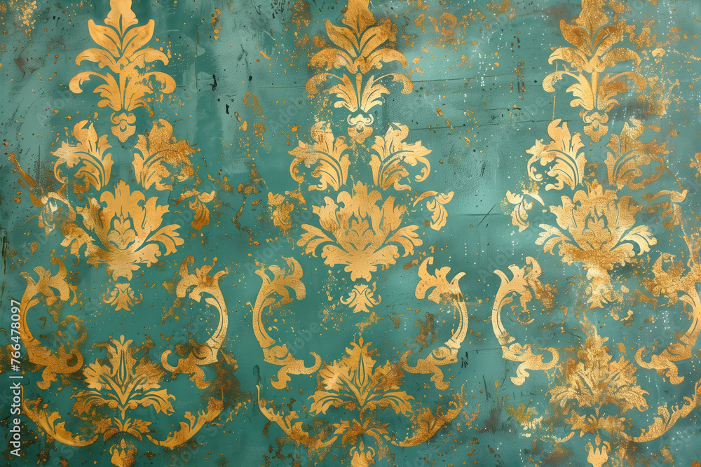 Poster vintage gold floral pattern on a verdigris canvas. background image. created with generative ai tech
