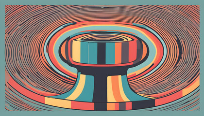 A colorful abstract artwork featuring a striped pedestal and hypnotic swirling patterns