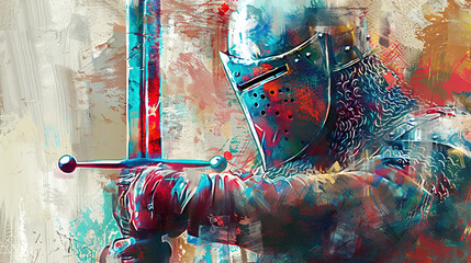 knight and sword in mixed grunge colors style illustration.
