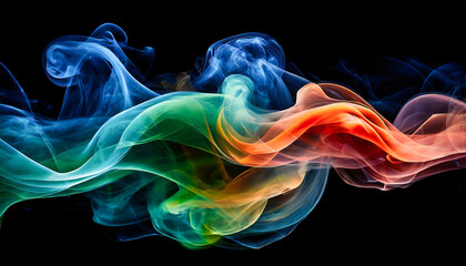 Dynamic dance of colorful smoke, intertwining in a graceful ballet. Vibrant mix of blue, green, red, and orange hues. - obrazy, fototapety, plakaty