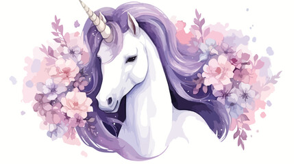 Obraz na płótnie Canvas Watercolor portrait of a purple unicorn with white