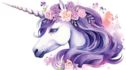 Watercolor portrait of a purple unicorn with white