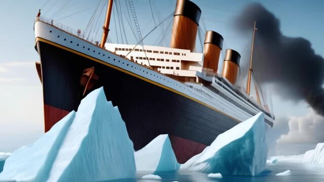 Ship Titanic hit iceberg in ocean. Steamship sailing on North Sea, Generative AI