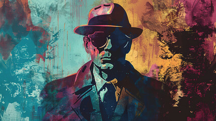 Detective, secret agent, spy, gangster, mafia or villain in mixed grunge colors style illustration. - obrazy, fototapety, plakaty
