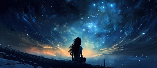 A woman is standing on top of a grassy hill, gazing up at the twinkling stars in the night sky