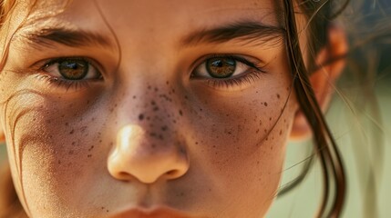 A woman with freckles on her face and brown eyes looks at the camera.