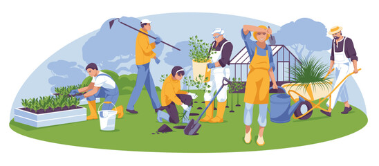 Spring and summer garden work. Different people with garden tools. Greenhouse. Concept of seasonal works. Flat vector illustration