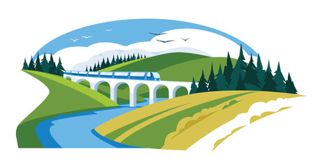 viaduct among green hills. Rail transportation and travel. Summer or spring landscape of the river bank. Vacation and leave. Vector flat illustration