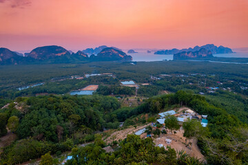 Fototapeta na wymiar Beautiful aerial view nature landscape of Thailand, amazing sunset Phang Nga bay tropical tree