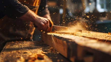 Cercles muraux Ancien avion A carpenter saws a wooden beam, causing sawdust and sparks to fly through the air.