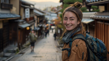 Fototapeta premium female tourist backpacker with ancient street in Kyoto, Japan as background. Concept of travel, vacation, tourism and holiday.