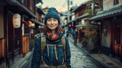 Female tourist backpacker with ancient street in Kyoto, Japan as background. Concept of travel, vacation, tourism and holiday.