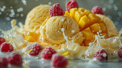 Mango ice cream scoops with fresh raspberries, a dynamic milk splash surrounds, embodying a...