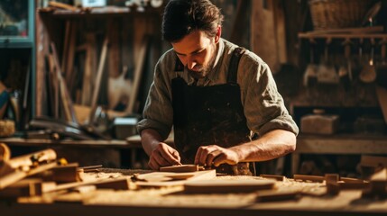 A man in an apron works in a workshop on a piece of wood. The room is filled with various woodworking tools and pieces of wood. - obrazy, fototapety, plakaty