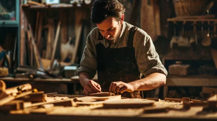 Papier Peint photo Ancien avion A man in an apron works in a workshop on a piece of wood. The room is filled with various woodworking tools and pieces of wood.