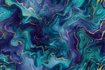 abstract pattern inspired by the northern lights using ethereal shades of teal aqua and violet against a deep navy background with swirling aurora like shapes.