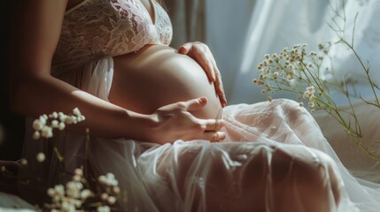 A pregnant woman dressed in a white dress is holding her belly. She is sitting on a bed with white flowers on either side of her. - obrazy, fototapety, plakaty