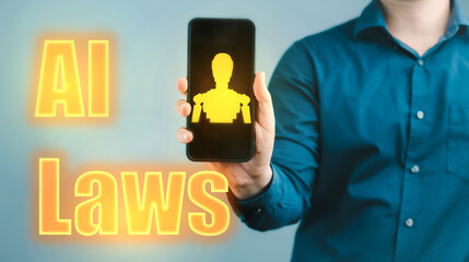 A man holding a phone with a robot on it and the words AI Laws Regulation Concept of artificial intelligence and the laws that govern it