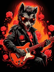 A wolf is playing a guitar with a red rose in the background. The wolf is wearing sunglasses and a leather jacket. Printable design for t-shirts