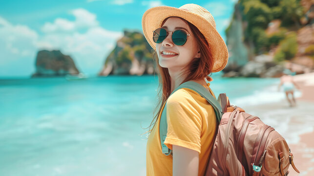 Female tourist at the beautiful beach during sunny day in summer. Concept of travel, vacation, tourism and holiday.