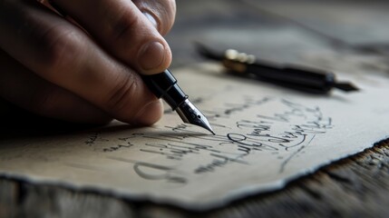 A man writes a letter with a fountain pen close-up of his hand.
