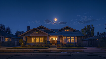 The profound stillness of a suburban night, a taupe Craftsman style house under the expansive night sky, streets quiet, lit by the soft glow of the moon