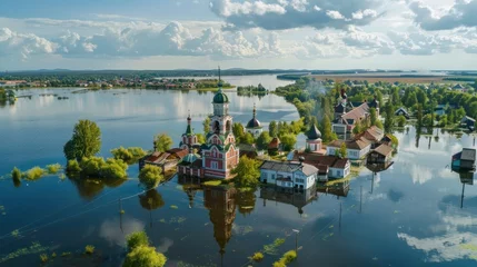 Deurstickers This is an aerial view of the flooded Kalyazin bell tower in Kalyazino, Russia, with the waters of © Emil