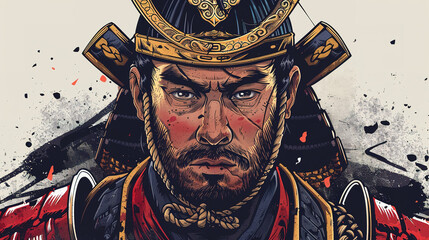 Samurai fighter warrior isolated on clean background in comic style illustration.