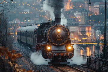 low angle emphasizing the size and power of the locomotive Style - obrazy, fototapety, plakaty