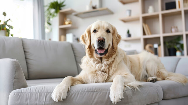 Golden Retriever Relaxation: Cozy Living Room Vibes. Generative AI