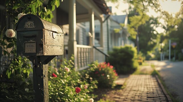A mailbox stands on a brick path near a flower garden. A house is in the background.