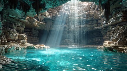 Lifelike subterranean cave pool 3D render DSLR 8K mystical lighting - obrazy, fototapety, plakaty