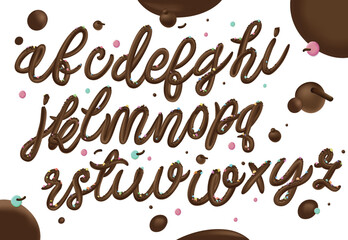 Latin alphabet made of dark melted chocolate with border. Sweet food packaging font. Liquid font style. Vector illustration.	
