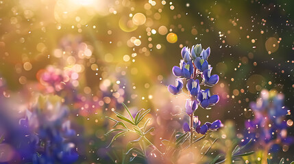 Blue lupine flowers in the field at sunset. Natural background. Bokeh effect. Floral background.