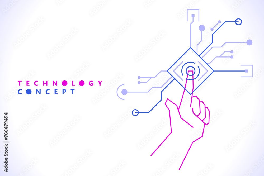 Poster touch the future. hi-tech cyberpunk interface technology. digital hand touching tech connection dot 