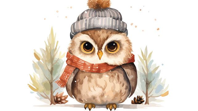 Winter Cute Owl Watercolor Flat vector isolated on white